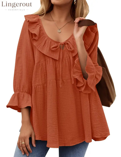 Women’s Scoop Neck 3/4 Length Sleeve Tie Front Ruffle Tiered Tunic Shirts - Orange red / S