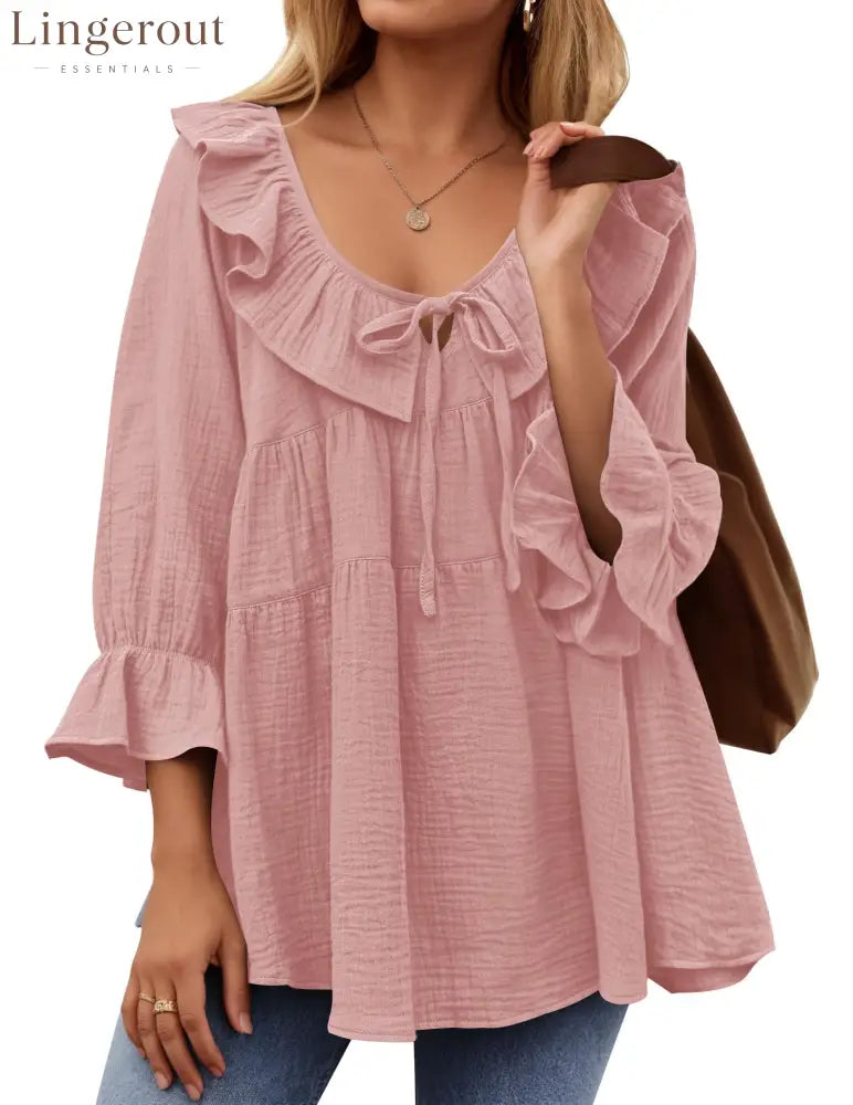 Women’s Scoop Neck 3/4 Length Sleeve Tie Front Ruffle Tiered Tunic Shirts - Pink / S