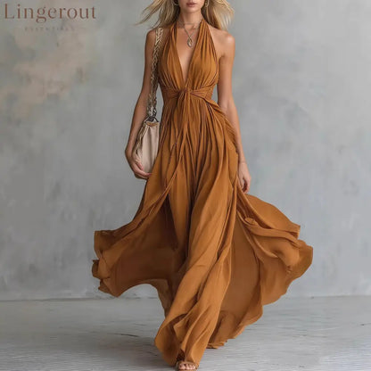 Women’S Sexy Solid Color V-Neck Sleeveless Waist Dress - Bronze / S