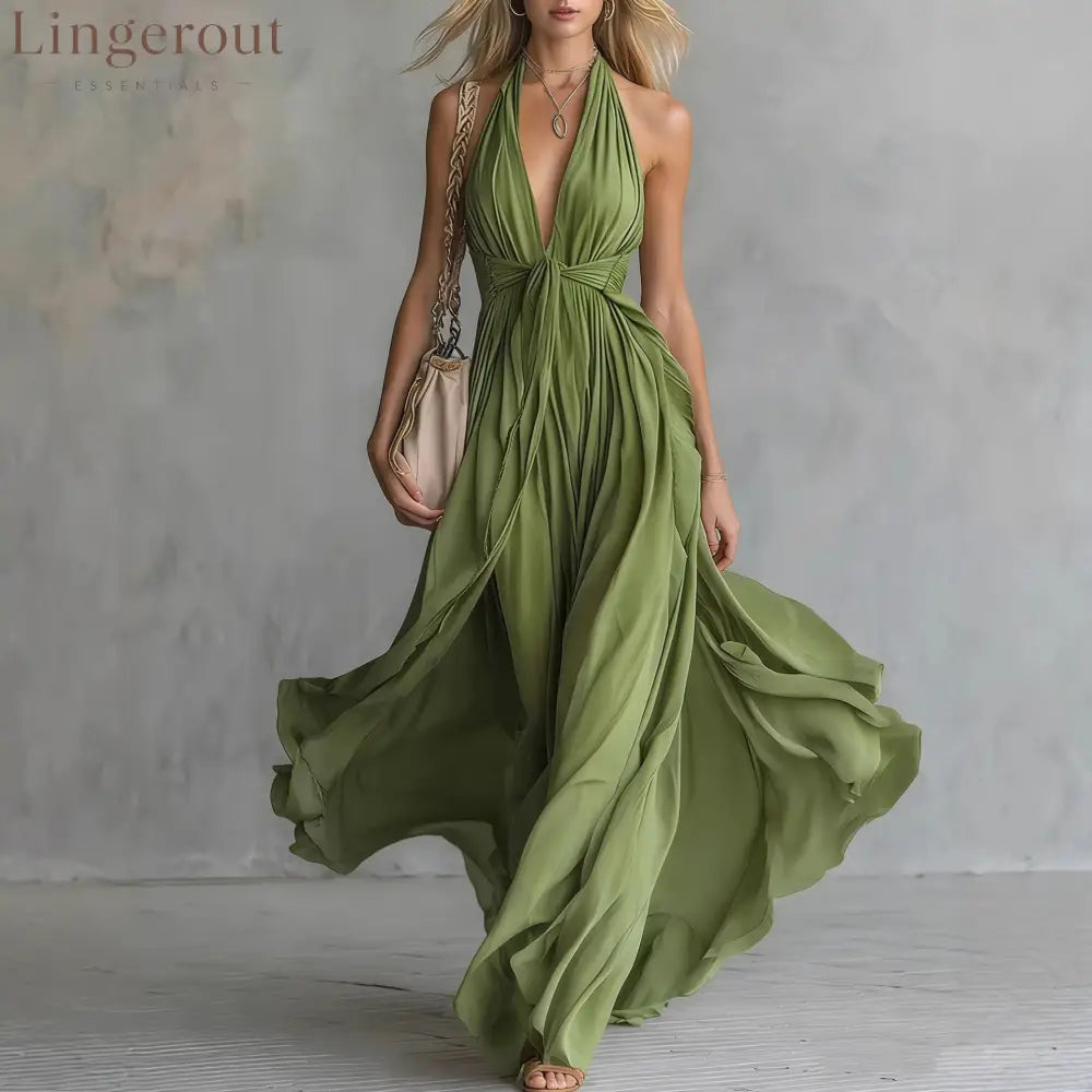 Women’S Sexy Solid Color V-Neck Sleeveless Waist Dress - Green / S