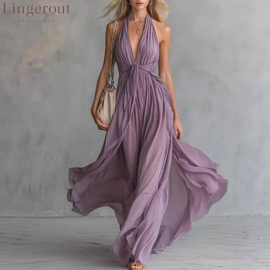 Women’S Sexy Solid Color V-Neck Sleeveless Waist Dress - Purple / S