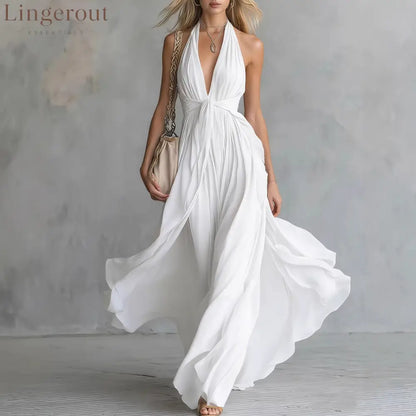 Women’S Sexy Solid Color V-Neck Sleeveless Waist Dress - White / S