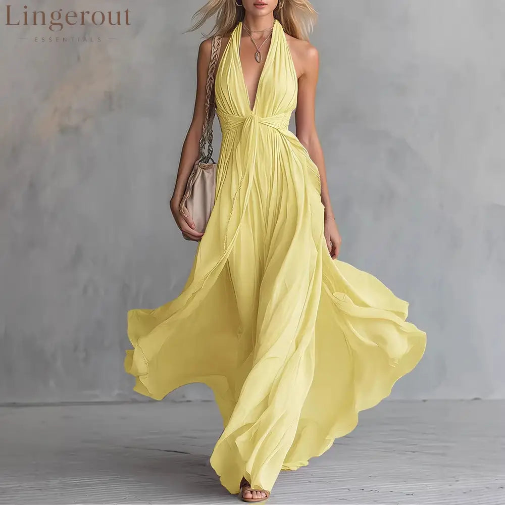 Women’S Sexy Solid Color V-Neck Sleeveless Waist Dress - Yellow / S