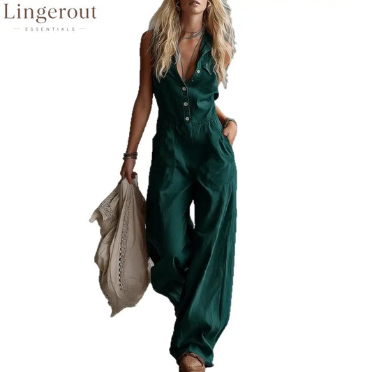 Women’s Shirt-collar Sleeveless Wide-leg Jumpsuit