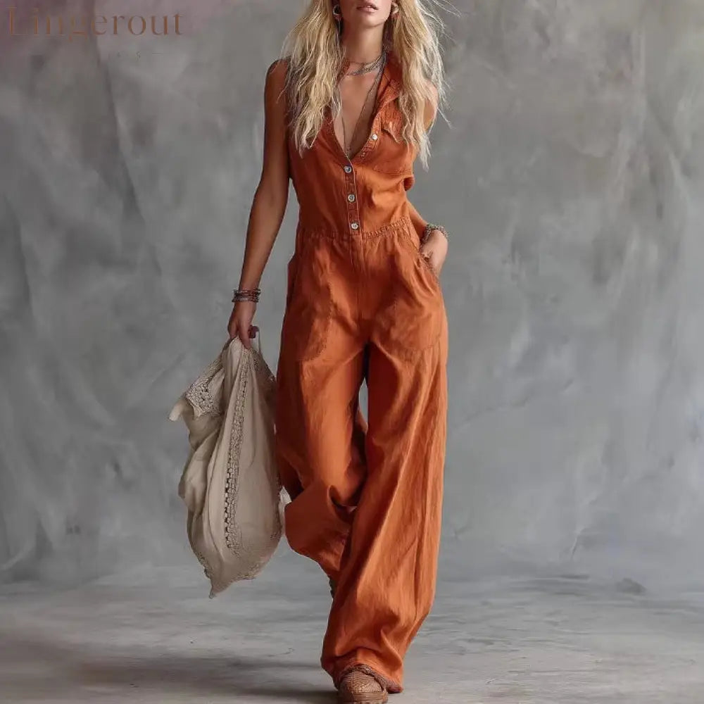 Women’s Shirt-collar Sleeveless Wide-leg Jumpsuit - Brown / XS