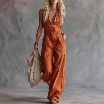 Women’s Shirt-collar Sleeveless Wide-leg Jumpsuit - Brown / XS