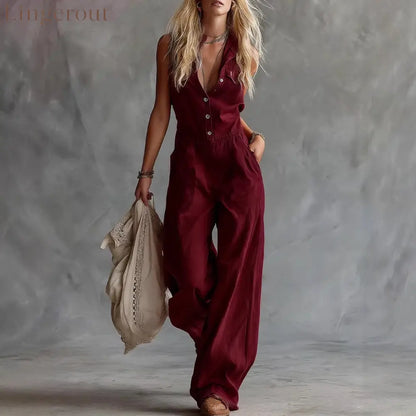 Women’s Shirt-collar Sleeveless Wide-leg Jumpsuit - Deep red / XS