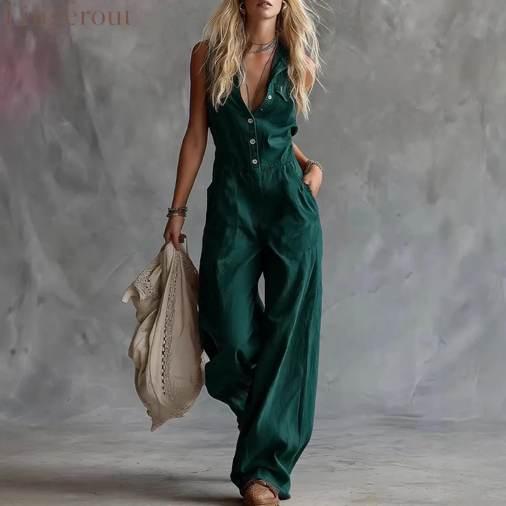 Women’s Shirt-collar Sleeveless Wide-leg Jumpsuit - Green / XS