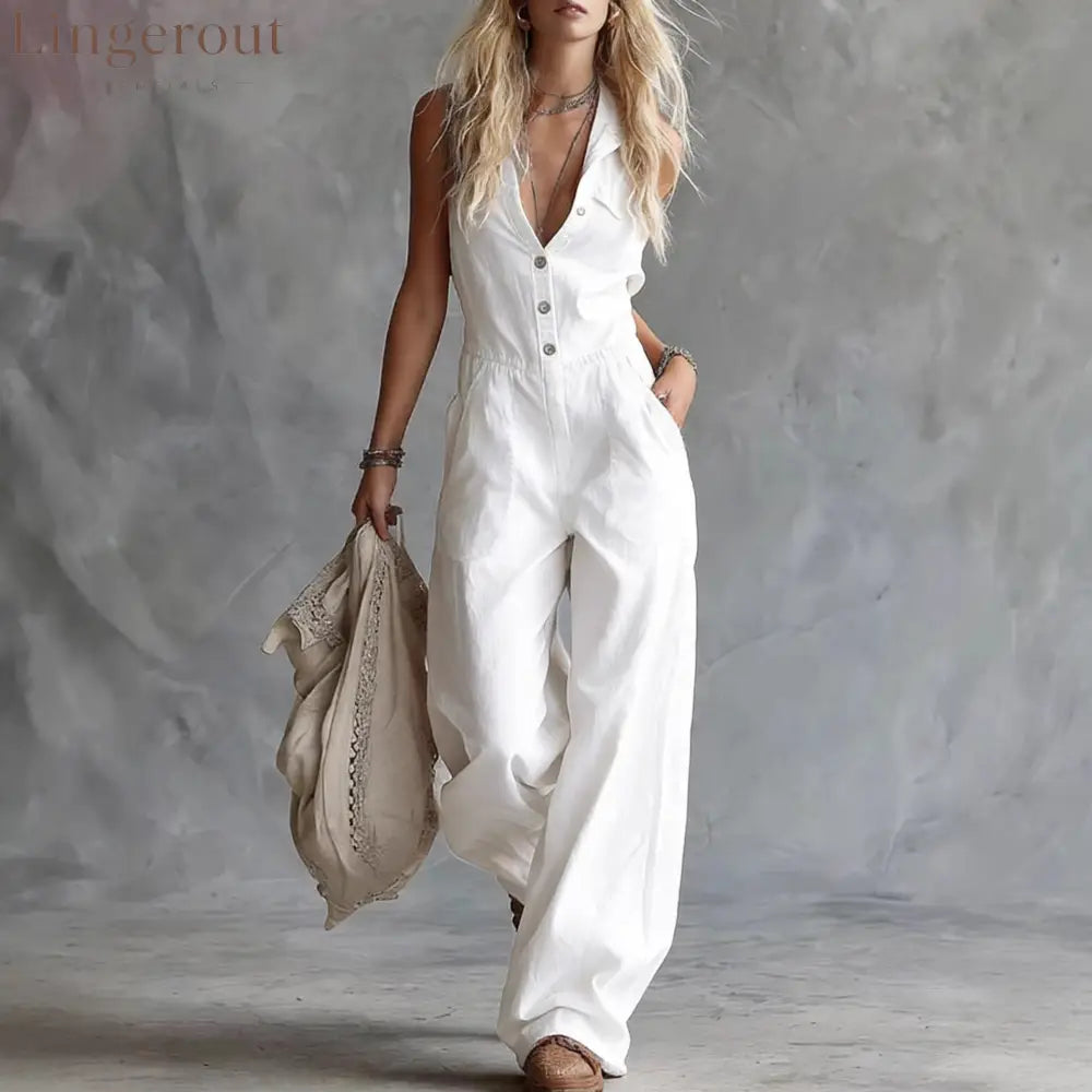 Women’s Shirt-collar Sleeveless Wide-leg Jumpsuit - White / XS