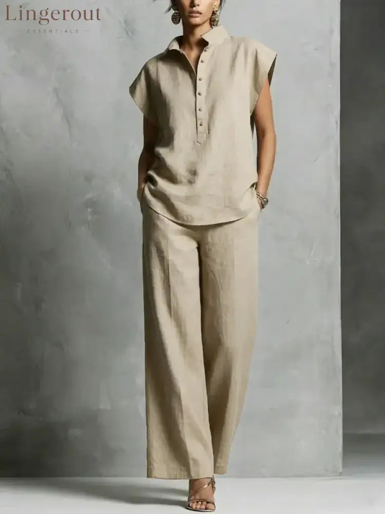 Women’s Simple And Comfortable Cotton-linen Set - Khaki / S