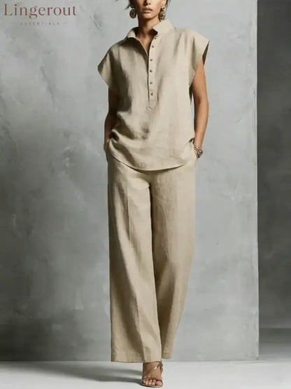 Women’s Simple And Comfortable Cotton-linen Set - Khaki / S