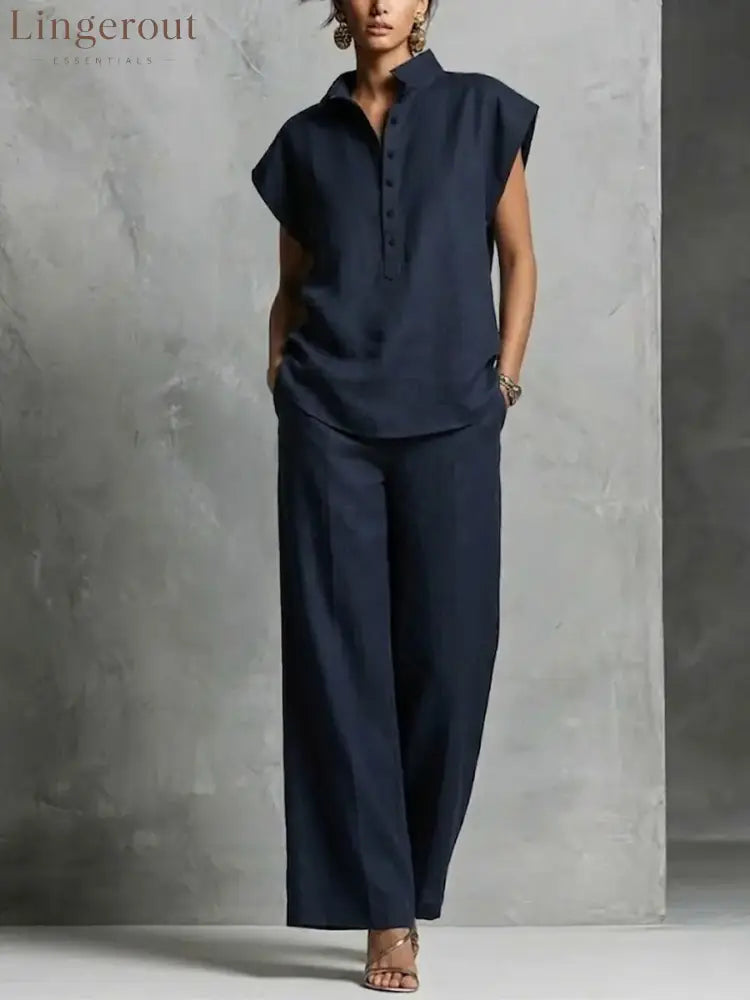 Women’s Simple And Comfortable Cotton-linen Set - Navy / S