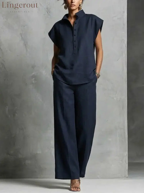 Women’s Simple And Comfortable Cotton-linen Set - Navy / S