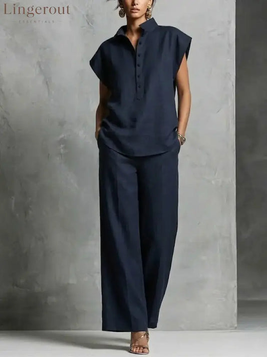 Women’s Simple And Comfortable Cotton-linen Set - Navy / S