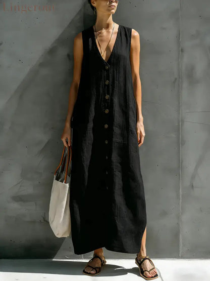 Womens Simple Cotton-Linen V-Neck Buttoned Sleeveless Loose Long Dress - Black / S