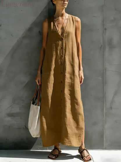 Womens Simple Cotton-Linen V-Neck Buttoned Sleeveless Loose Long Dress - Khaki / S
