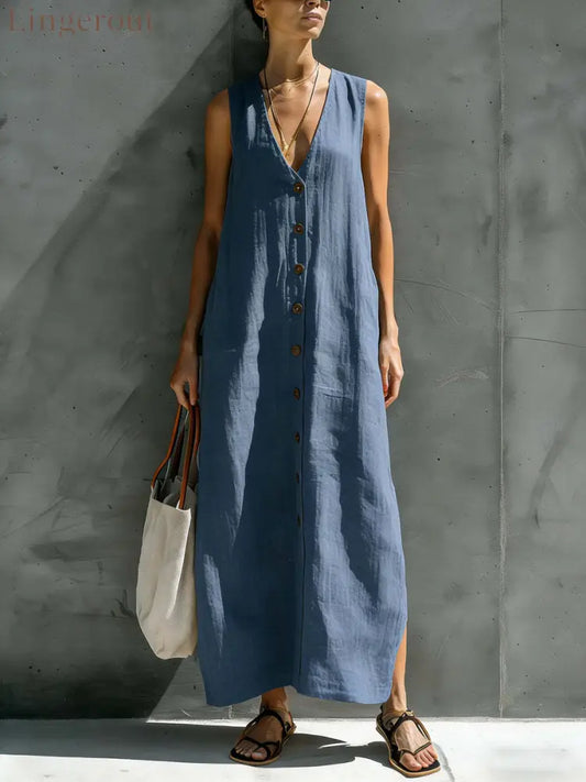 Womens Simple Cotton-Linen V-Neck Buttoned Sleeveless Loose Long Dress - Navy Blue / S