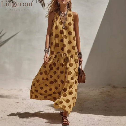 Women’s Sleeveless Casual Dress - Striped Polka Dot Print - Yellow / S
