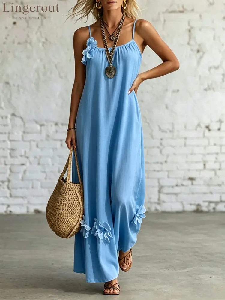 Women’s Sleeveless Straps Loose-fit Casual Dress - Blue / S