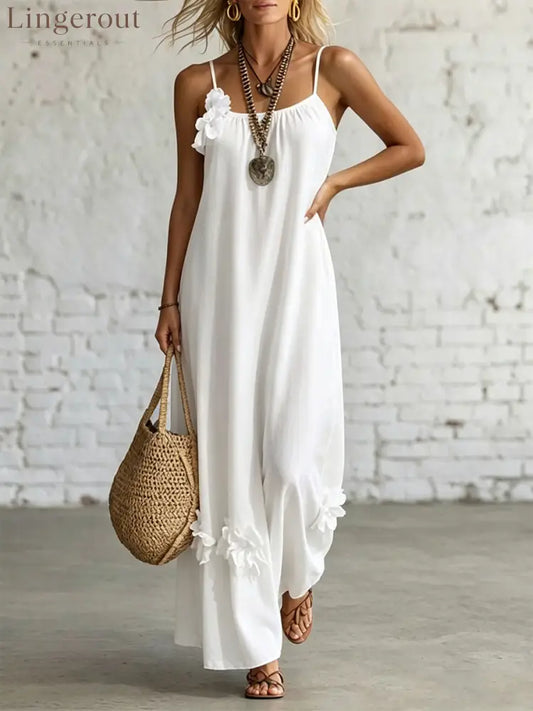 Women’s Sleeveless Straps Loose-fit Casual Dress - White / S