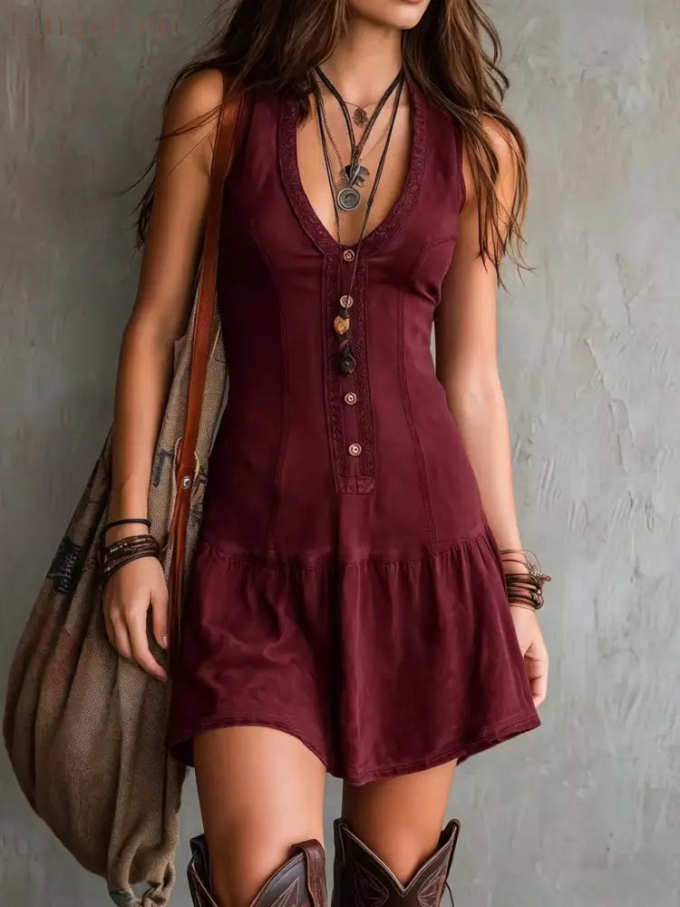 Women’s Sleeveless U-neck Button Embellishments Dress - Burgundy / S
