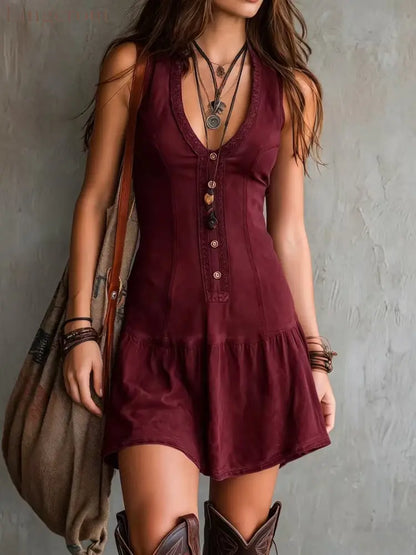Women’s Sleeveless U-neck Button Embellishments Dress - Burgundy / S