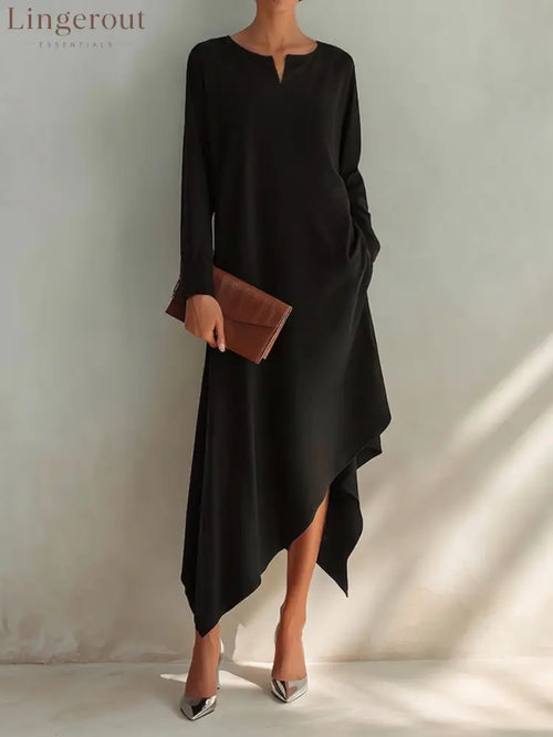 Women’s Small V-Neck And Asymmetrical Hem Cotton-Blend Midi Dress - Black / S - DRESSES