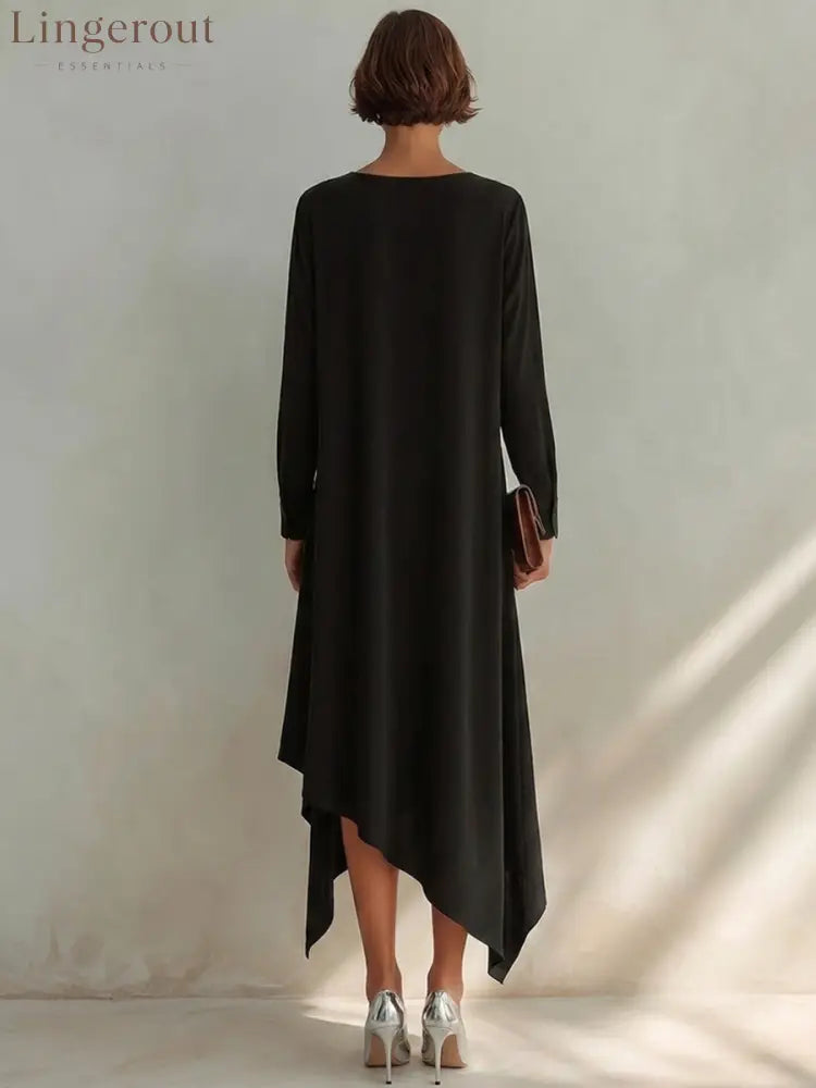 Women’s Small V-Neck And Asymmetrical Hem Cotton-Blend Midi Dress - DRESSES