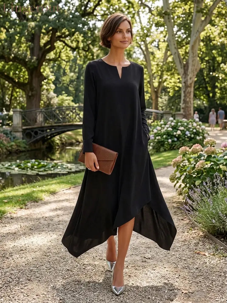 Women’s Small V-Neck And Asymmetrical Hem Cotton-Blend Midi Dress - DRESSES