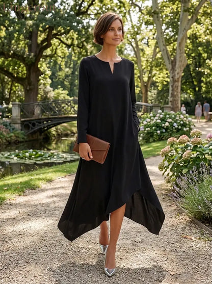 Women’s Small V-Neck And Asymmetrical Hem Cotton-Blend Midi Dress - DRESSES