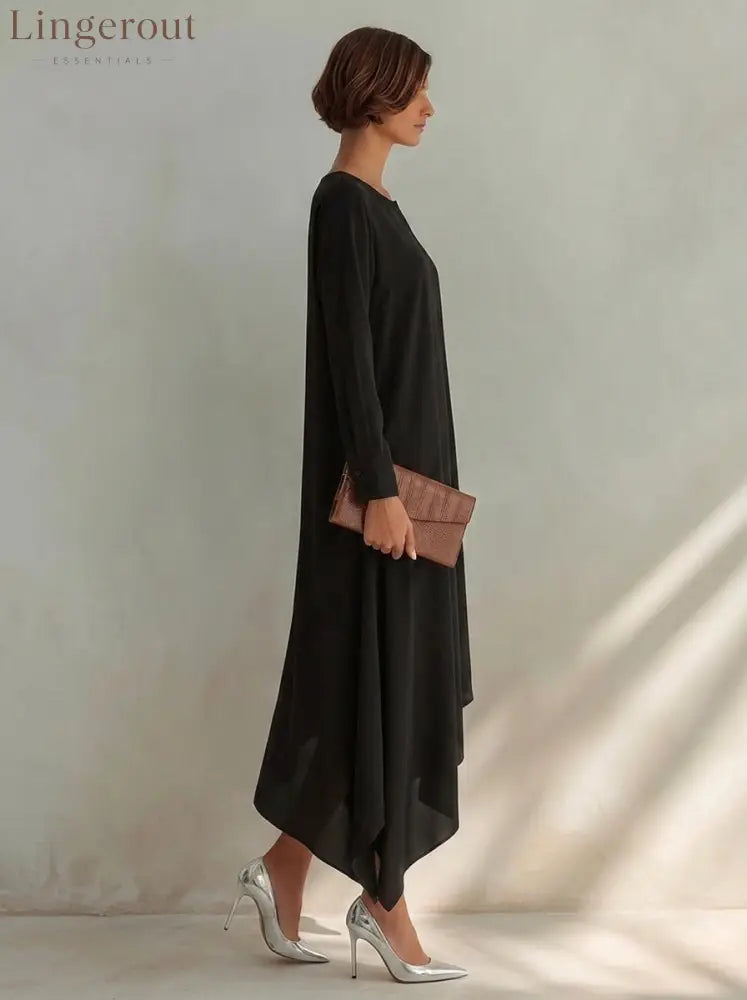Women’s Small V-Neck And Asymmetrical Hem Cotton-Blend Midi Dress - DRESSES