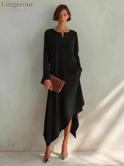 Women’s Small V-Neck And Asymmetrical Hem Cotton-Blend Midi Dress - DRESSES