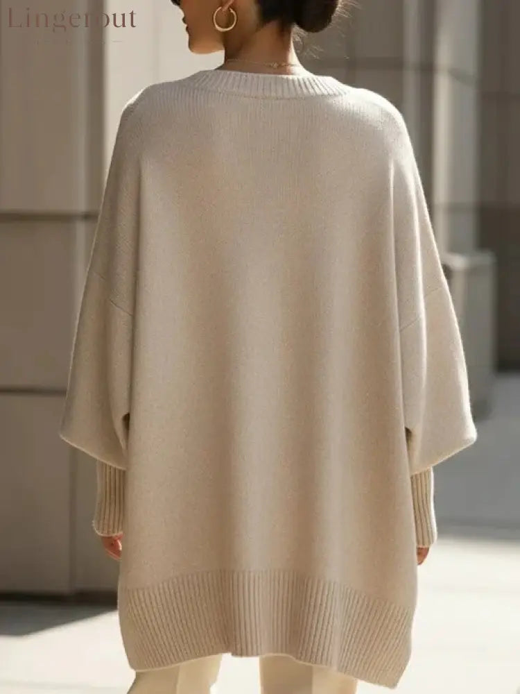 Women’s Solid Beige Asymmetric Batwing Sleeve Knit Poncho Sweater