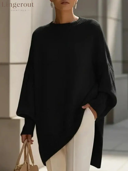 Women’s Solid Beige Asymmetric Batwing Sleeve Knit Poncho Sweater