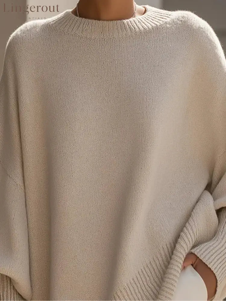 Women’s Solid Beige Asymmetric Batwing Sleeve Knit Poncho Sweater