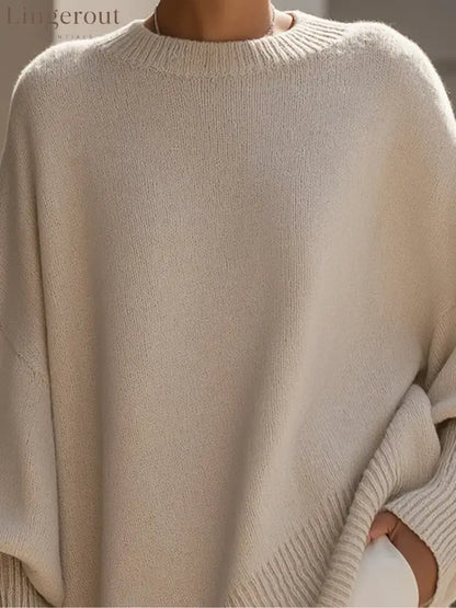 Women’s Solid Beige Asymmetric Batwing Sleeve Knit Poncho Sweater