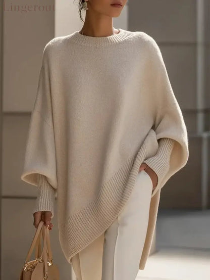 Women’s Solid Beige Asymmetric Batwing Sleeve Knit Poncho Sweater - Apricot / XS