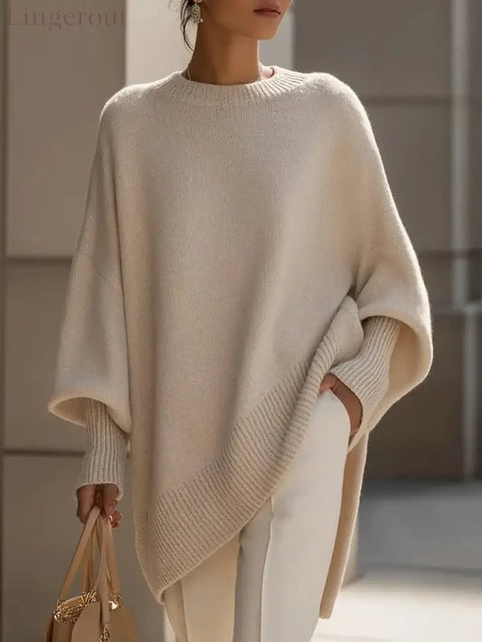 Women’s Solid Beige Asymmetric Batwing Sleeve Knit Poncho Sweater - Apricot / XS