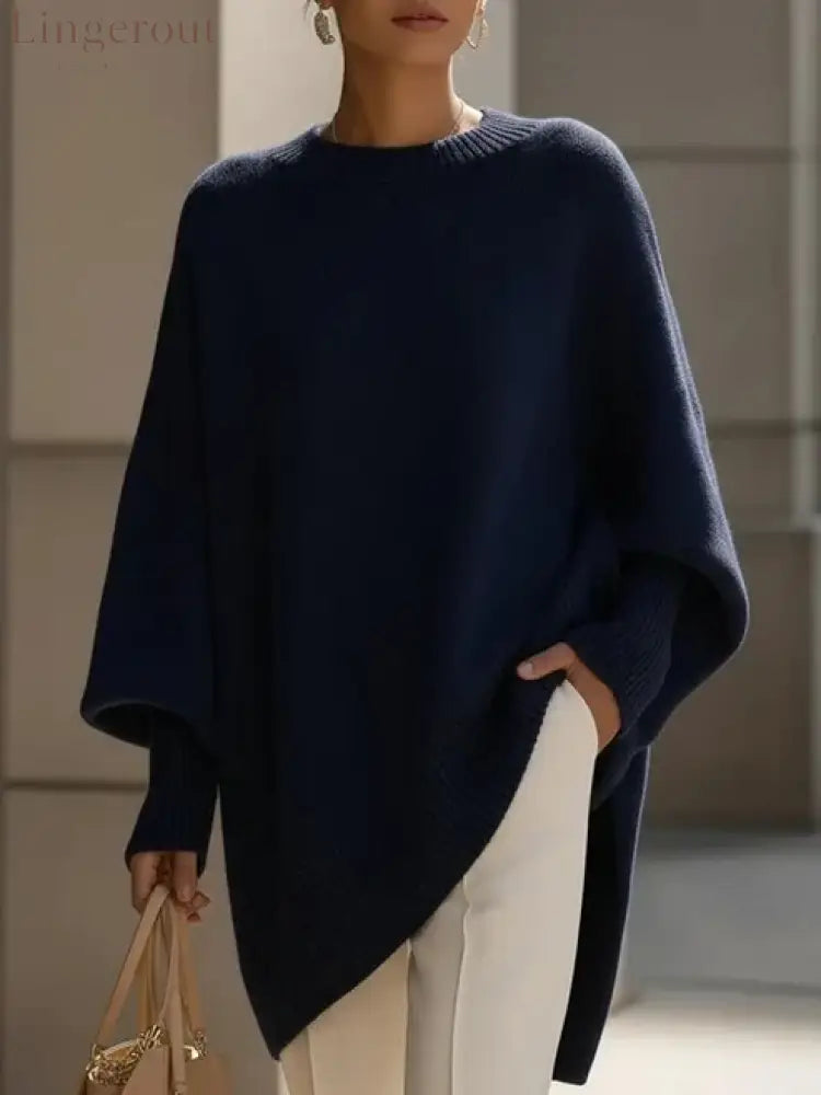 Women’s Solid Beige Asymmetric Batwing Sleeve Knit Poncho Sweater - Black / XS