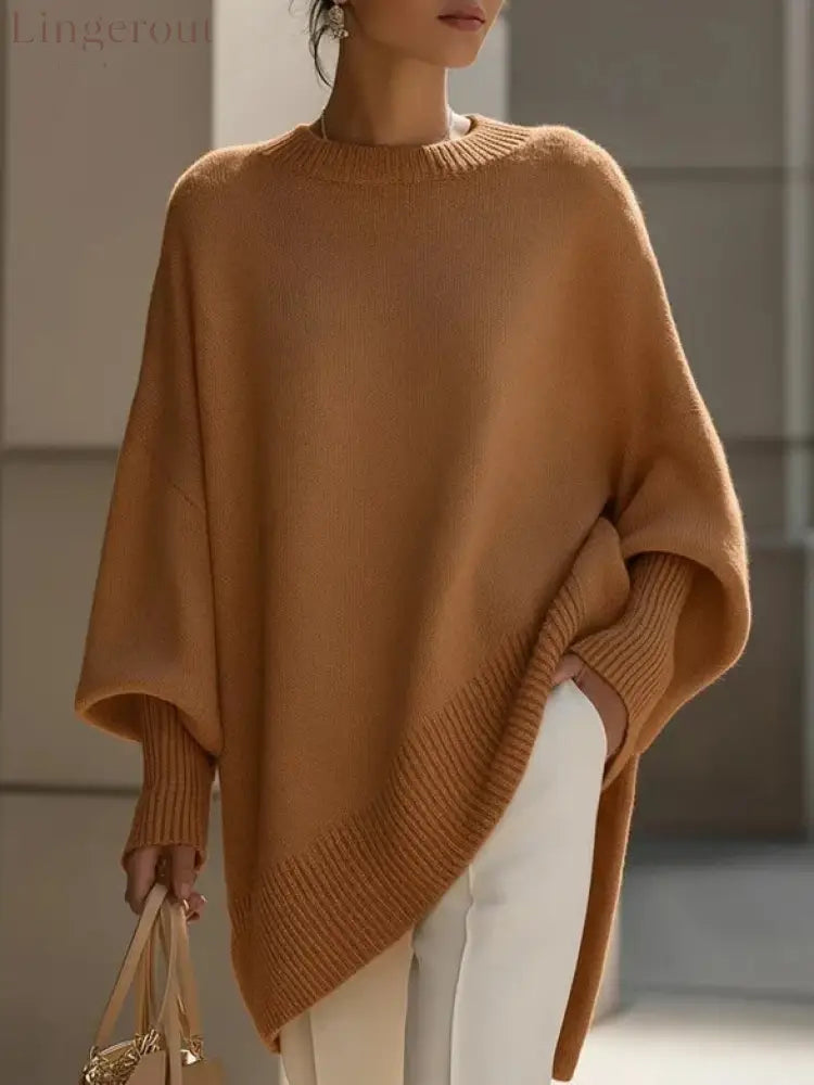Women’s Solid Beige Asymmetric Batwing Sleeve Knit Poncho Sweater - Coffee Brown / XS