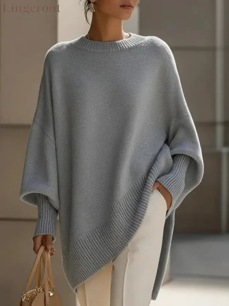 Women’s Solid Beige Asymmetric Batwing Sleeve Knit Poncho Sweater - Gray / XS