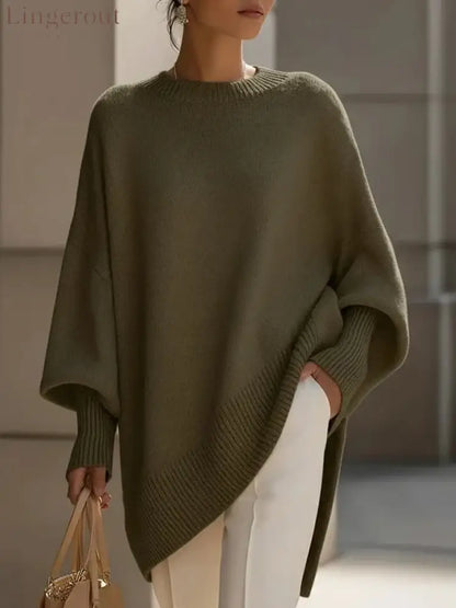 Women’s Solid Beige Asymmetric Batwing Sleeve Knit Poncho Sweater - Green / XS