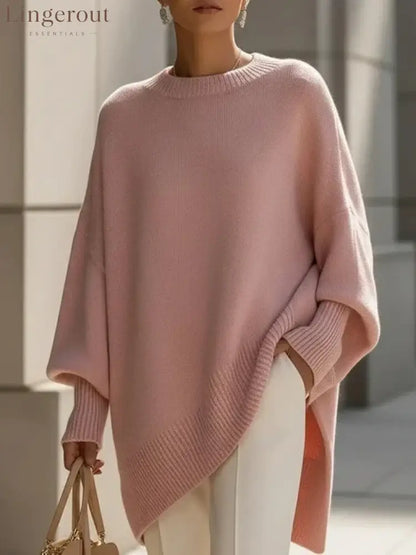Women’s Solid Beige Asymmetric Batwing Sleeve Knit Poncho Sweater - Pink / XS