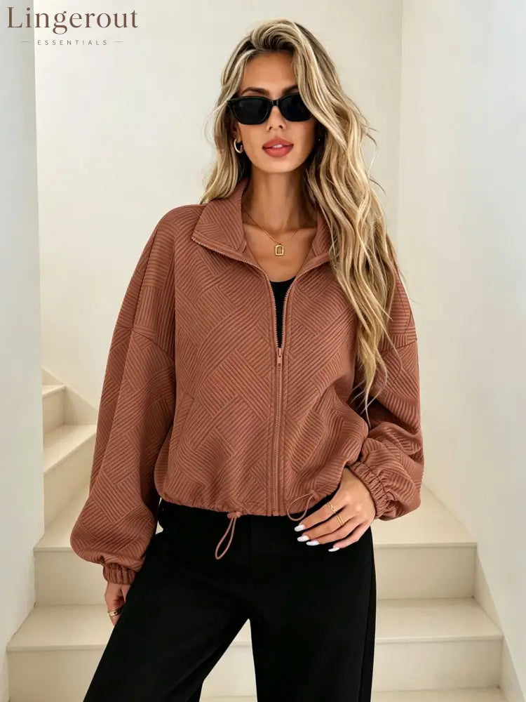 Women’s Solid Beige Geometric Textured Zip‑Up Drawstring Cropped Jacket