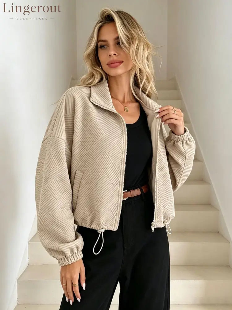 Women’s Solid Beige Geometric Textured Zip‑Up Drawstring Cropped Jacket