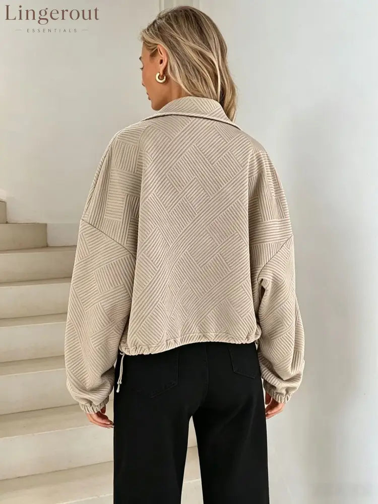 Women’s Solid Beige Geometric Textured Zip‑Up Drawstring Cropped Jacket