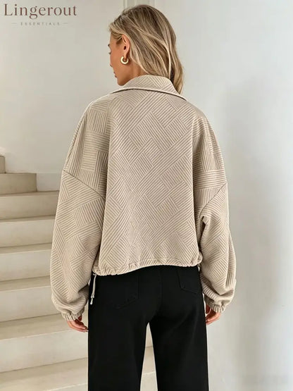 Women’s Solid Beige Geometric Textured Zip‑Up Drawstring Cropped Jacket