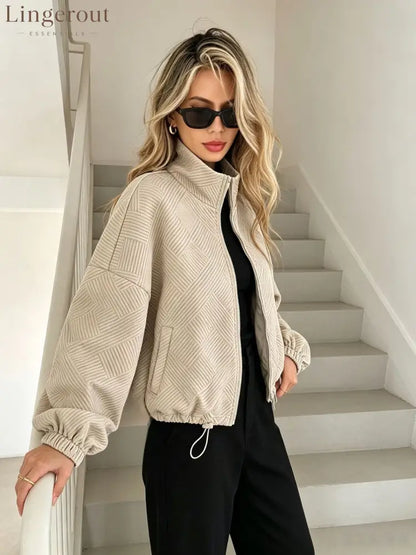 Women’s Solid Beige Geometric Textured Zip‑Up Drawstring Cropped Jacket