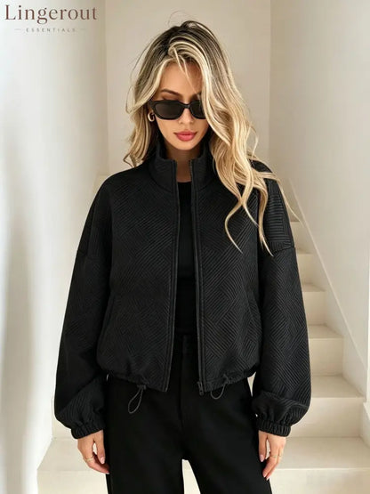 Women’s Solid Beige Geometric Textured Zip‑Up Drawstring Cropped Jacket - Black / S