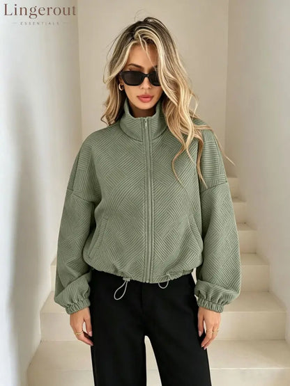 Women’s Solid Beige Geometric Textured Zip‑Up Drawstring Cropped Jacket - Green / S
